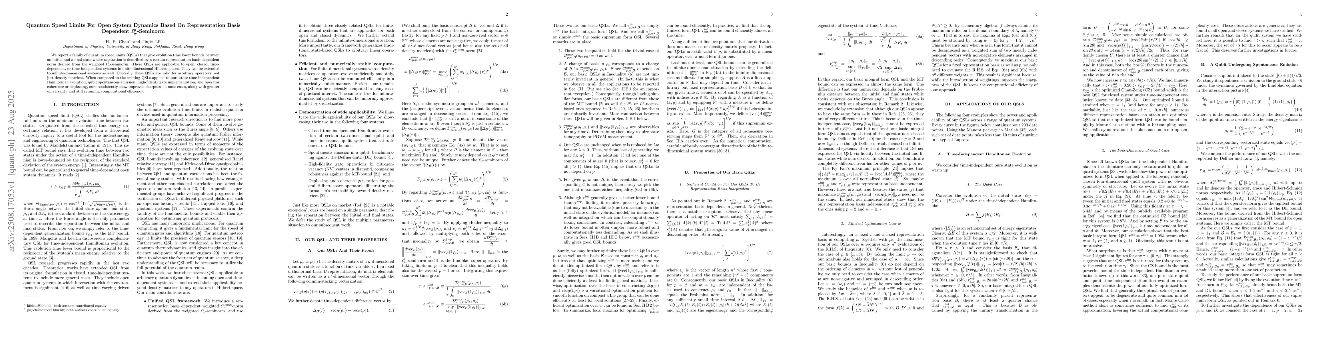 Thumbnail for Quantum Speed Limits For Open System Dynamics Based On Representation
  Basis Dependent $\boldsymbol{\ell^{p}_{w}}$-Seminorm
