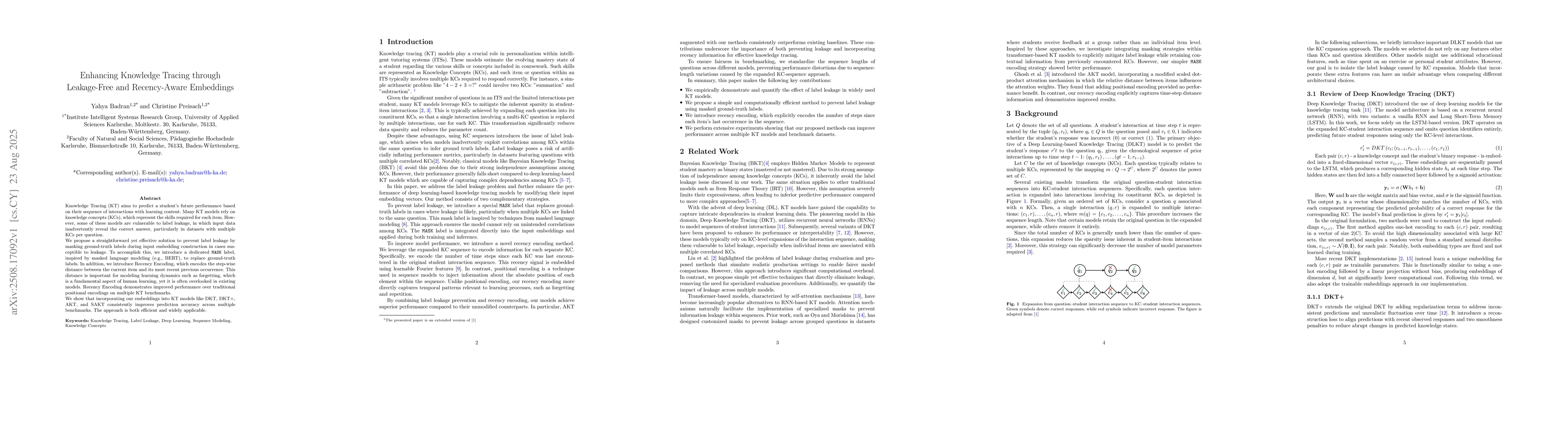 Thumbnail for Enhancing Knowledge Tracing through Leakage-Free and Recency-Aware
  Embeddings