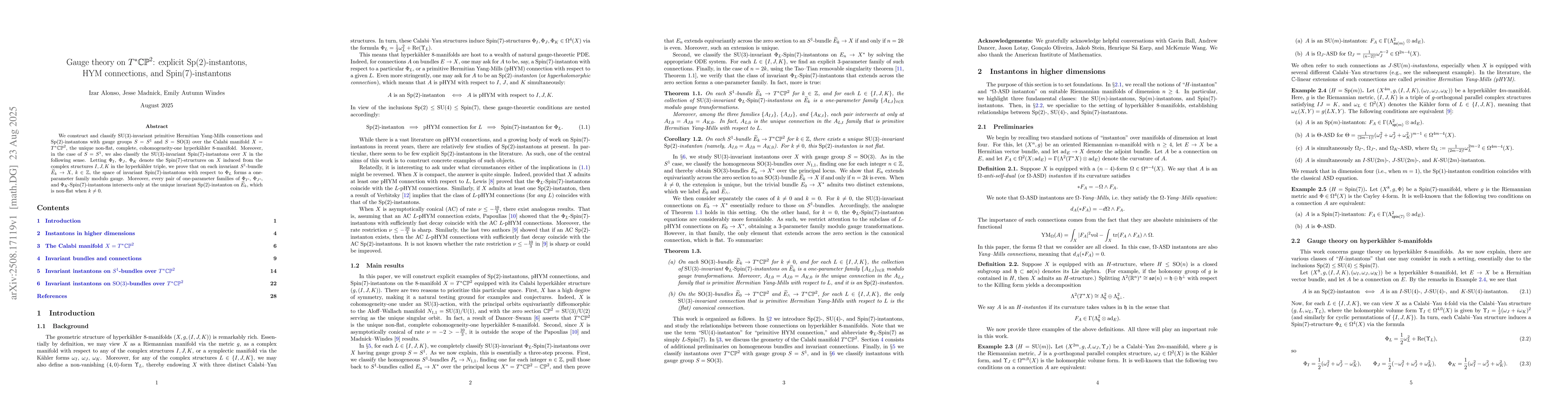 Thumbnail for Gauge theory on $T^*CP^2$: explicit Sp(2)-instantons, HYM connections,
  and Spin(7)-instantons