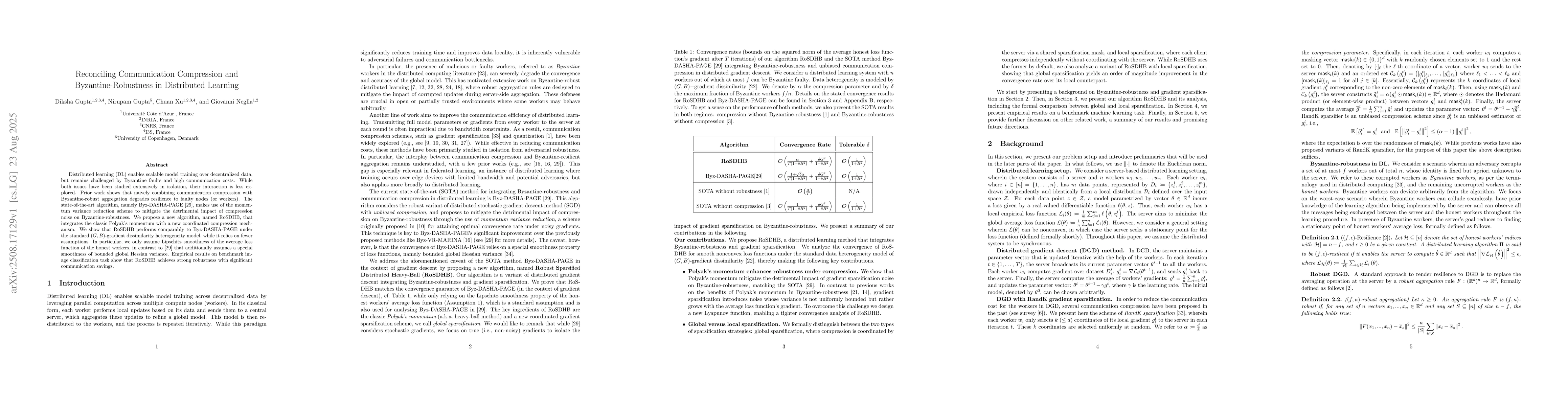 Thumbnail for Reconciling Communication Compression and Byzantine-Robustness in
  Distributed Learning