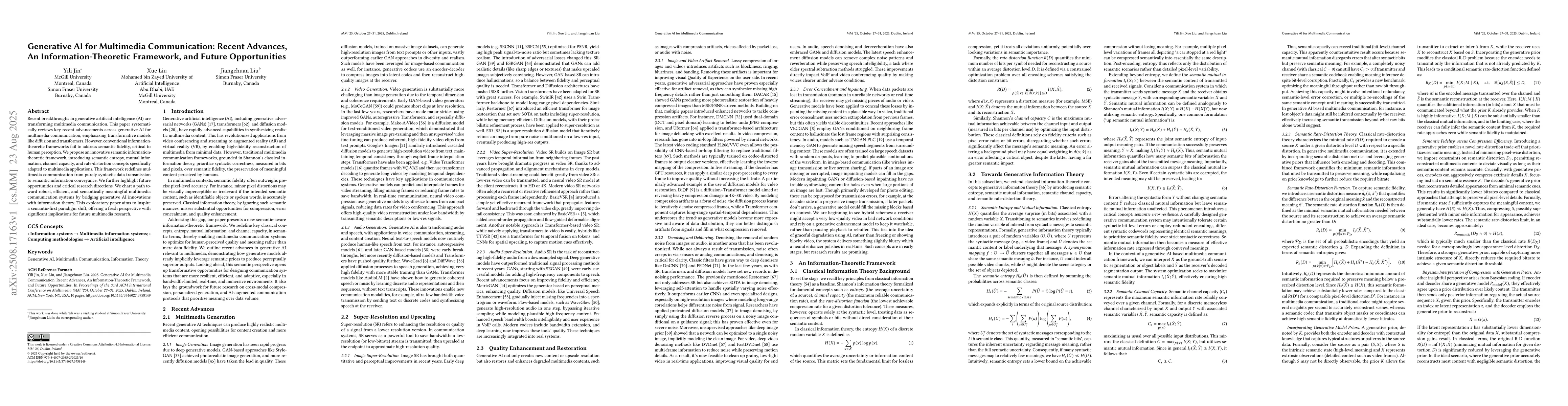 Thumbnail for Generative AI for Multimedia Communication: Recent Advances, An
  Information-Theoretic Framework, and Future Opportunities