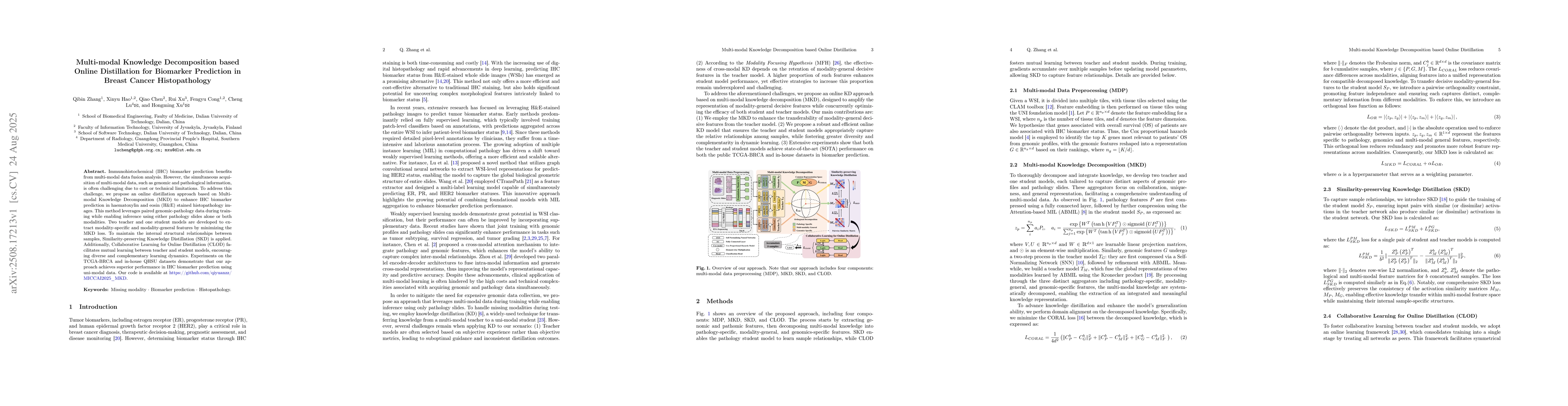 Thumbnail for Multi-modal Knowledge Decomposition based Online Distillation for
  Biomarker Prediction in Breast Cancer Histopathology