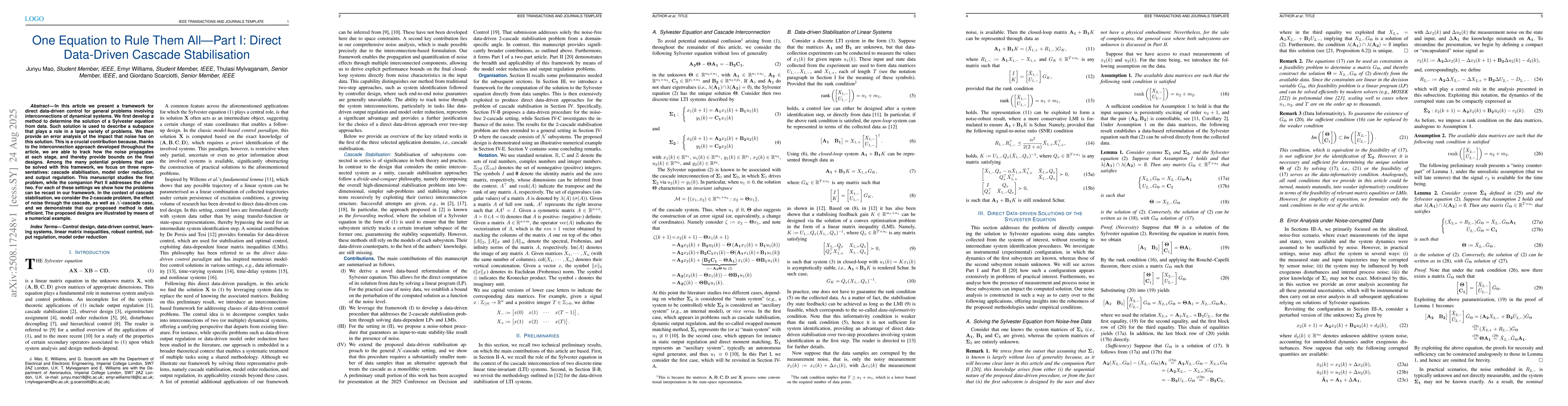 Thumbnail for One Equation to Rule Them All -- Part I: Direct Data-Driven Cascade
  Stabilisation