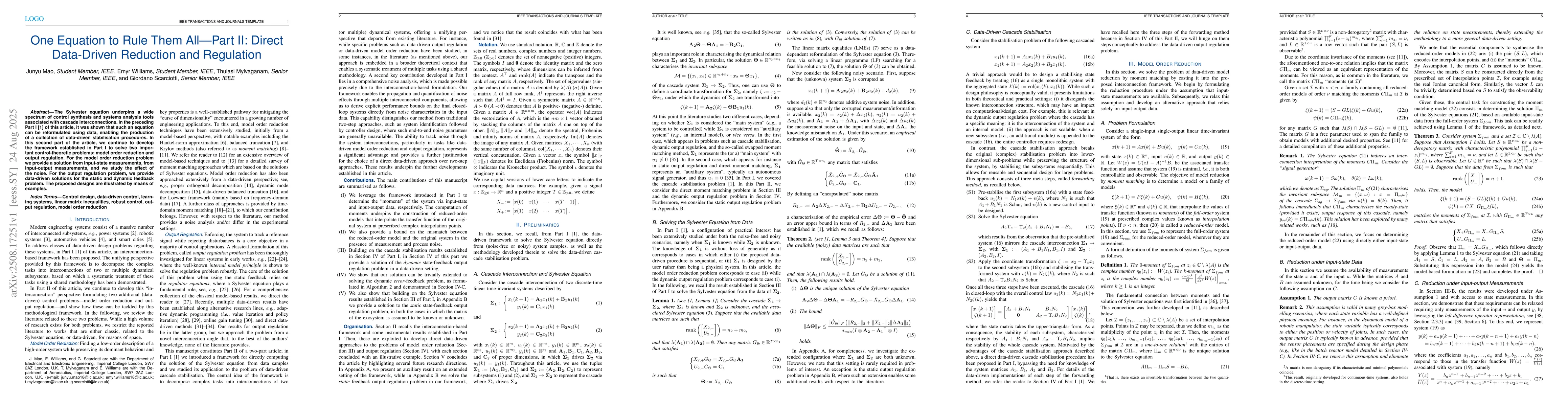 Thumbnail for One Equation to Rule Them All -- Part II: Direct Data-Driven Reduction
  and Regulation