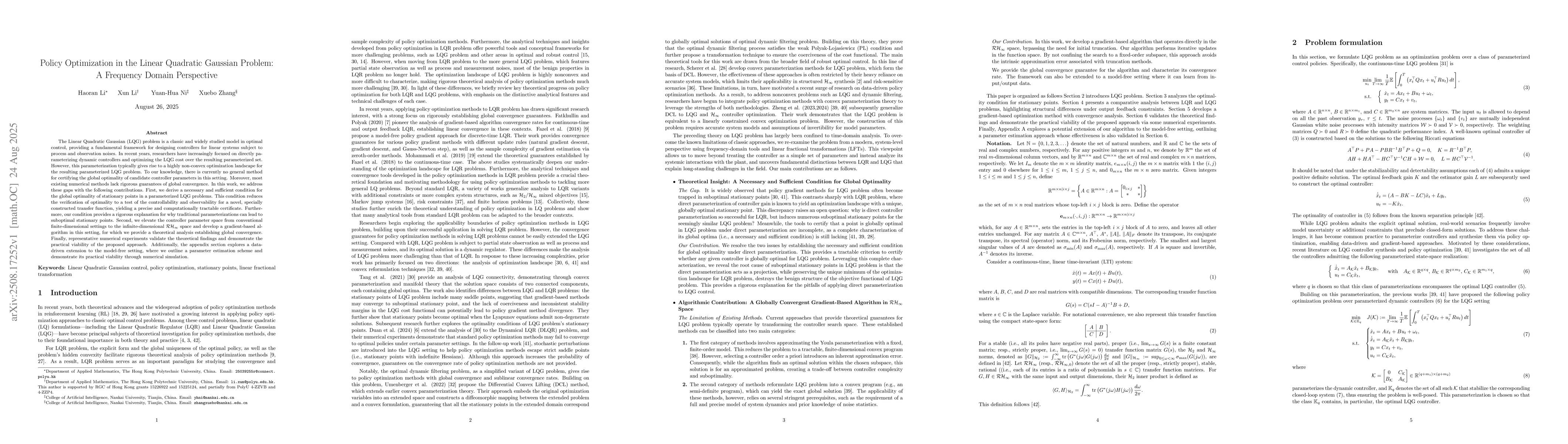 Thumbnail for Policy Optimization in the Linear Quadratic Gaussian Problem: A
  Frequency Domain Perspective