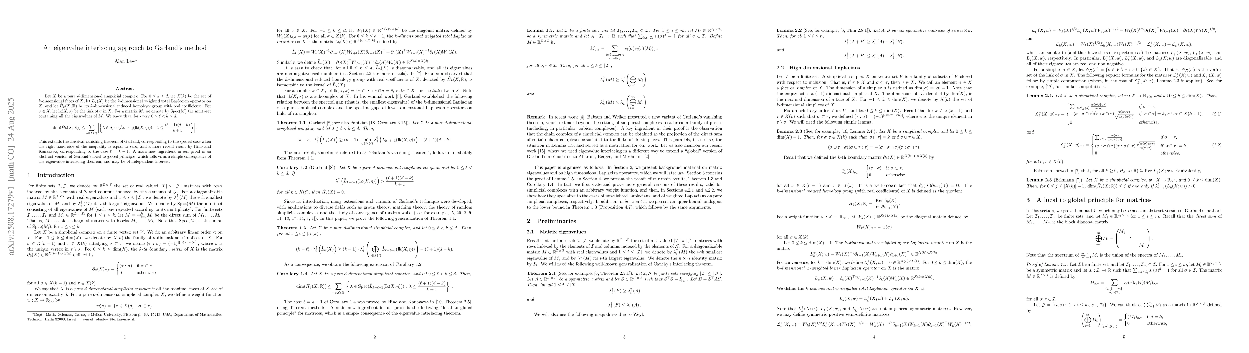 Thumbnail for An eigenvalue interlacing approach to Garland's method