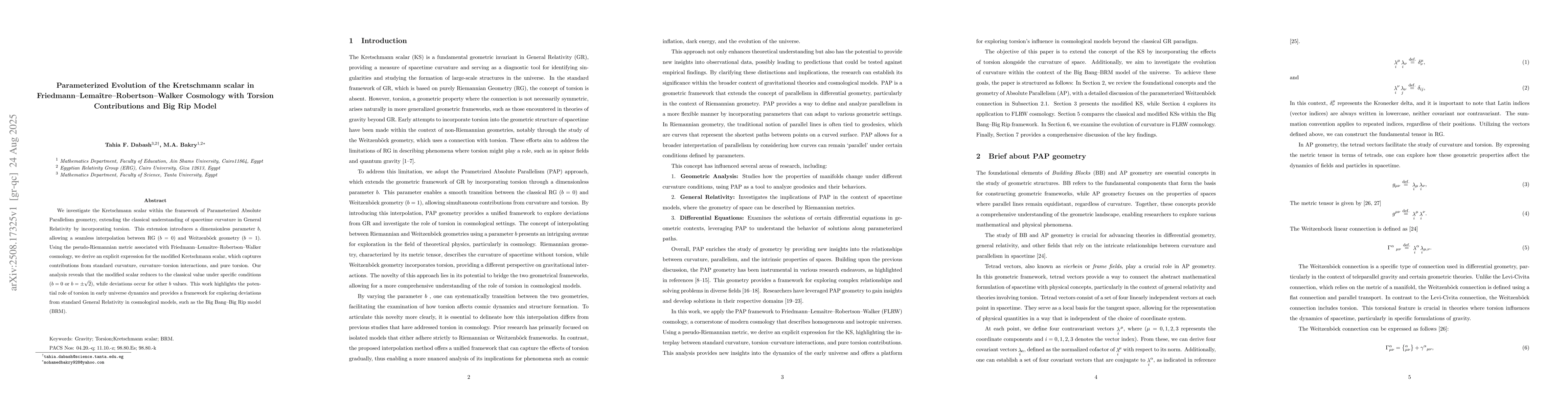 Thumbnail for Parameterized Evolution of the Kretschmann Scalar in
  Friedmann-Lemaitre-Robertson-Walker Cosmology with Torsion Contributions and
  Big Rip Model