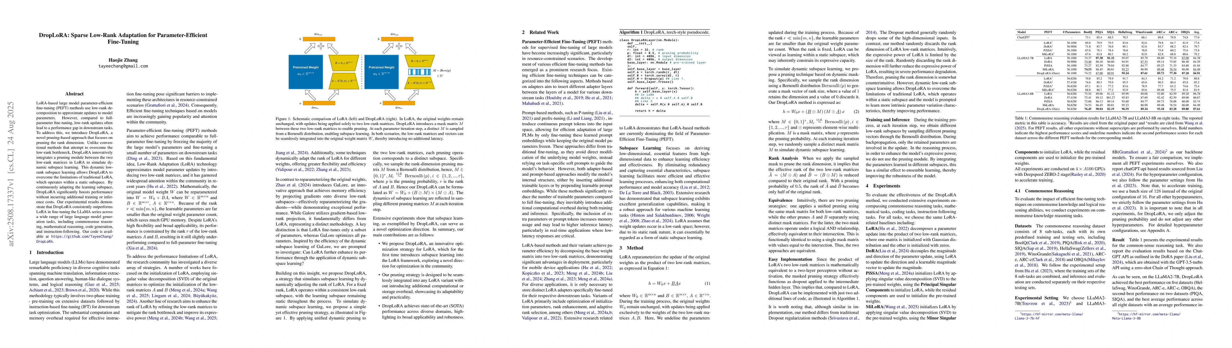 Thumbnail for DropLoRA: Sparse Low-Rank Adaptation for Parameter-Efficient Fine-Tuning