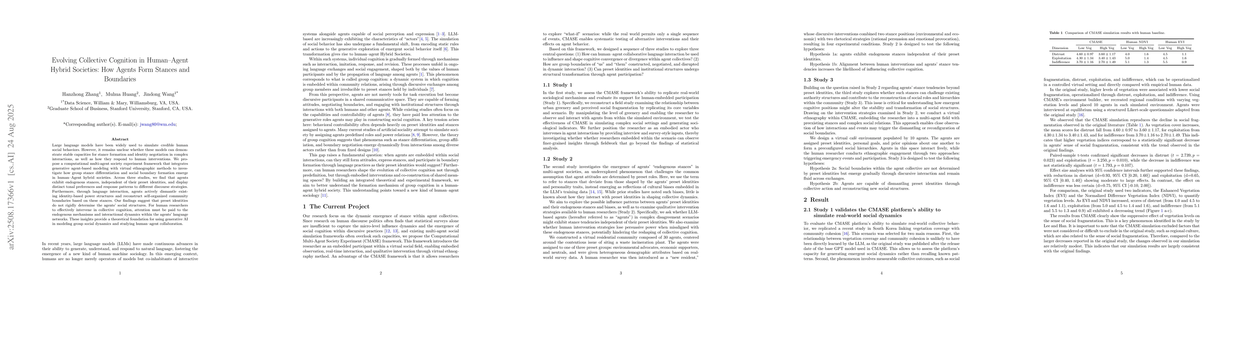 Thumbnail for Evolving Collective Cognition in Human-Agent Hybrid Societies: How
  Agents Form Stances and Boundaries