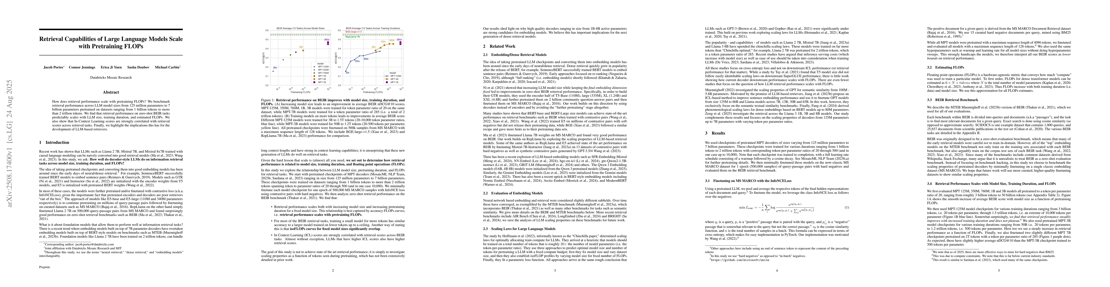 Thumbnail for Retrieval Capabilities of Large Language Models Scale with Pretraining
  FLOPs
