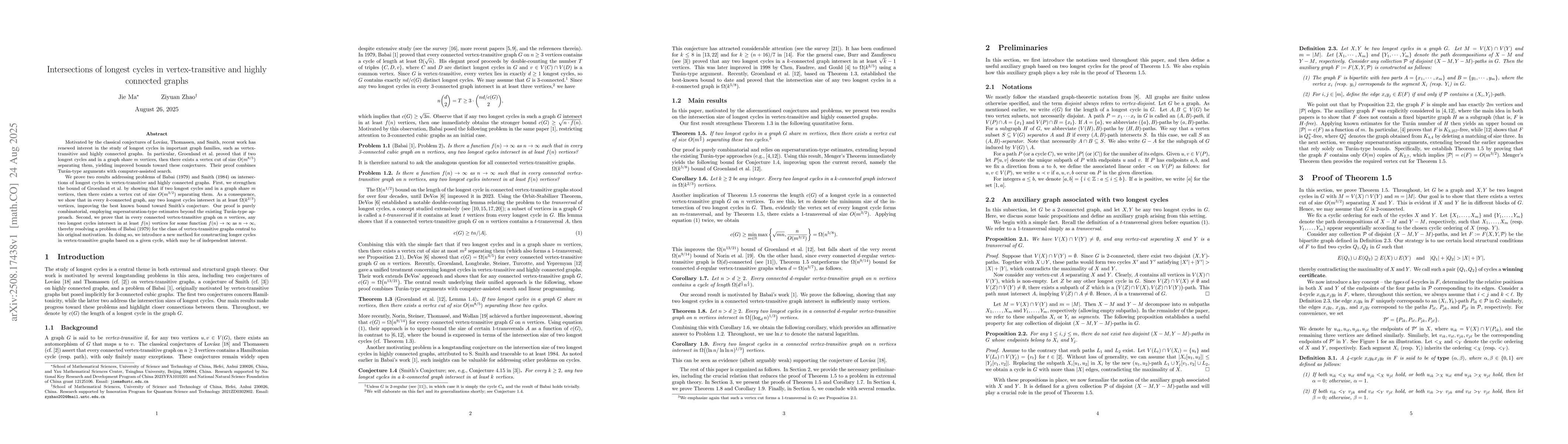 Thumbnail for Intersections of longest cycles in vertex-transitive and highly
  connected graphs