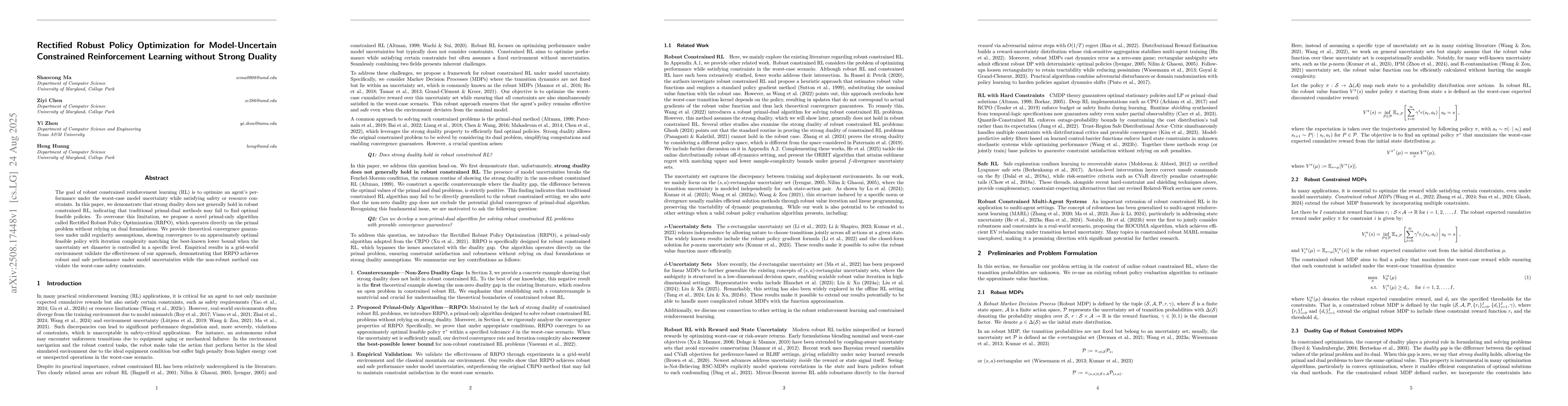 Thumbnail for Rectified Robust Policy Optimization for Model-Uncertain Constrained
  Reinforcement Learning without Strong Duality