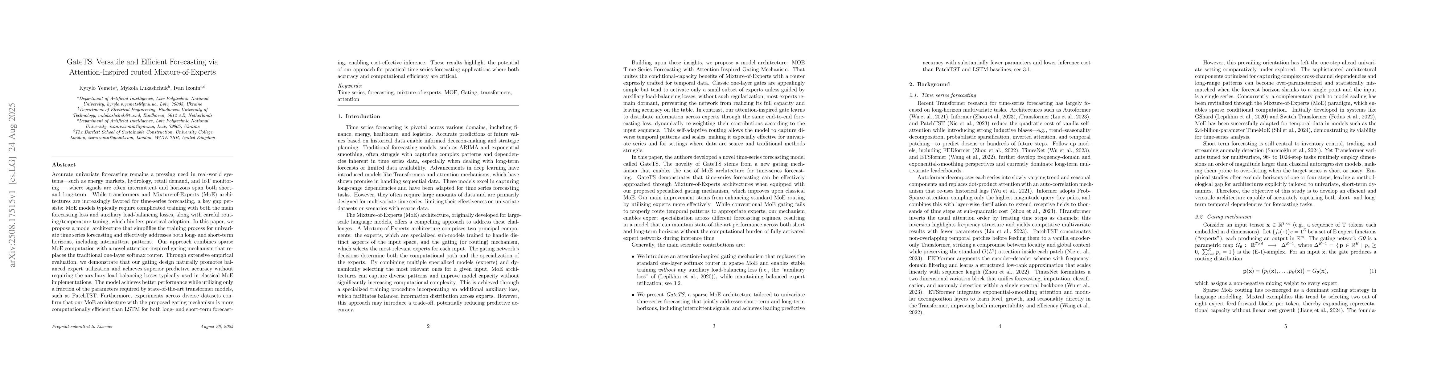 Thumbnail for GateTS: Versatile and Efficient Forecasting via Attention-Inspired
  routed Mixture-of-Experts