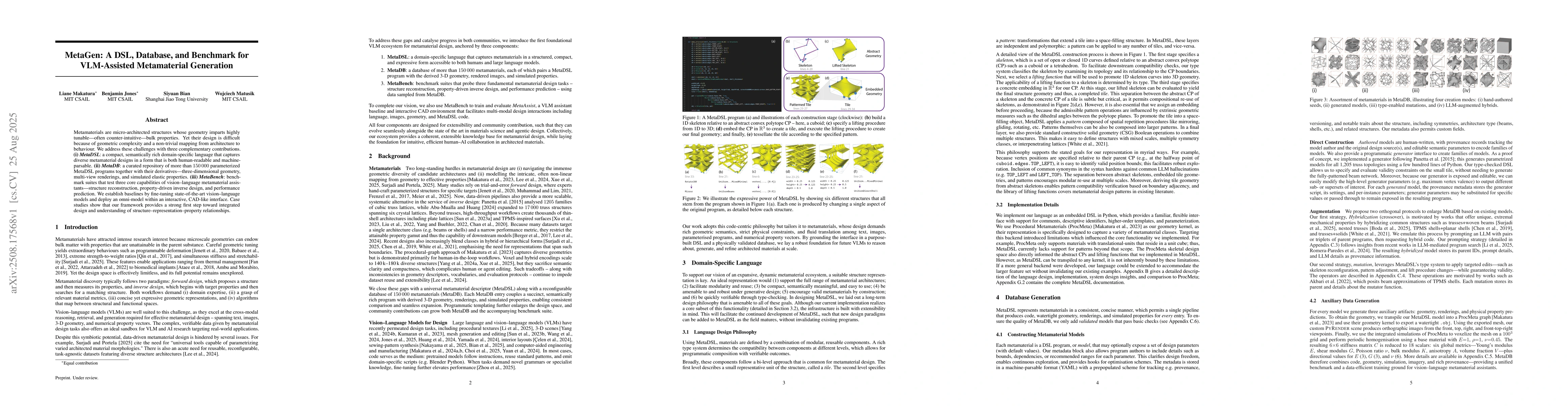 Thumbnail for MetaGen: A DSL, Database, and Benchmark for VLM-Assisted Metamaterial
  Generation