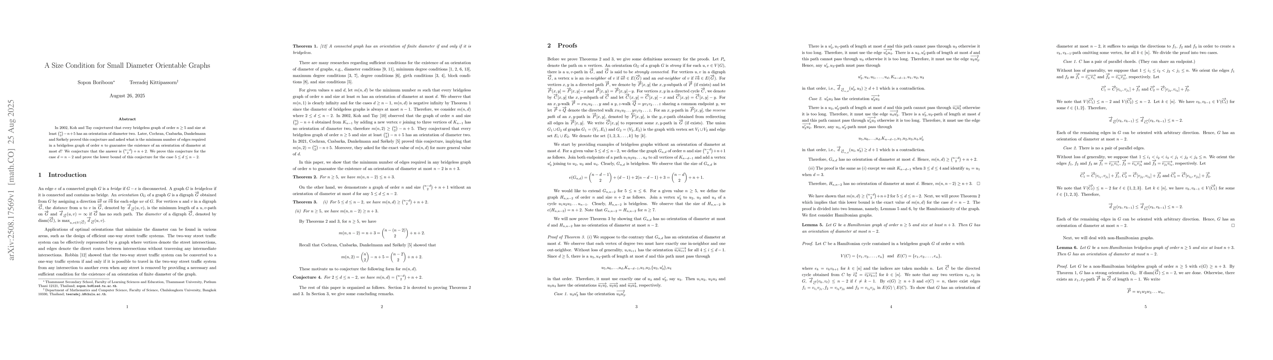 Thumbnail for A Size Condition for Small Diameter Orientable Graphs