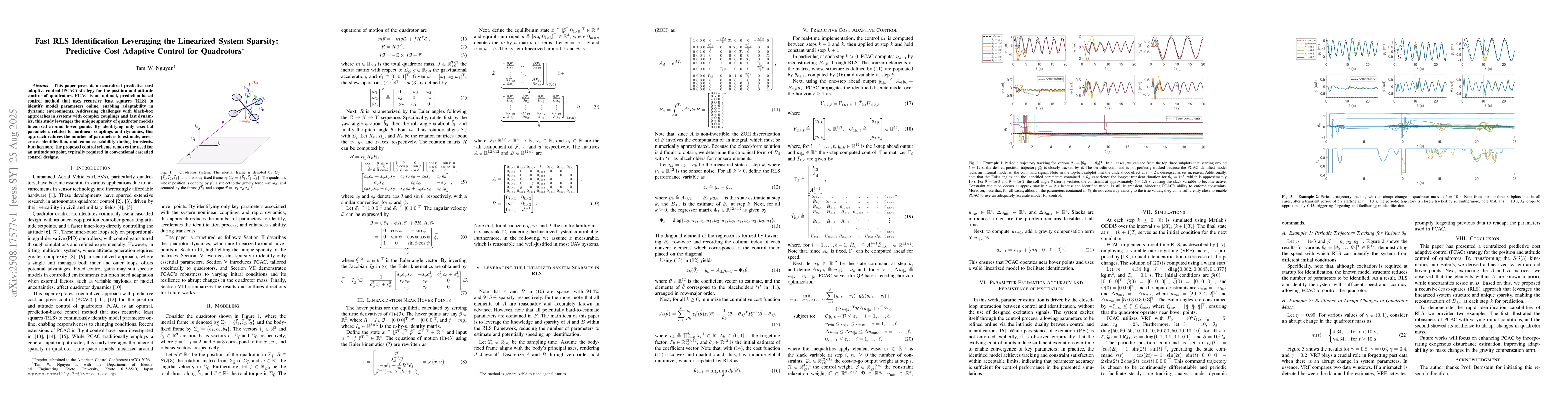 Thumbnail for Fast RLS Identification Leveraging the Linearized System Sparsity:
  Predictive Cost Adaptive Control for Quadrotors
