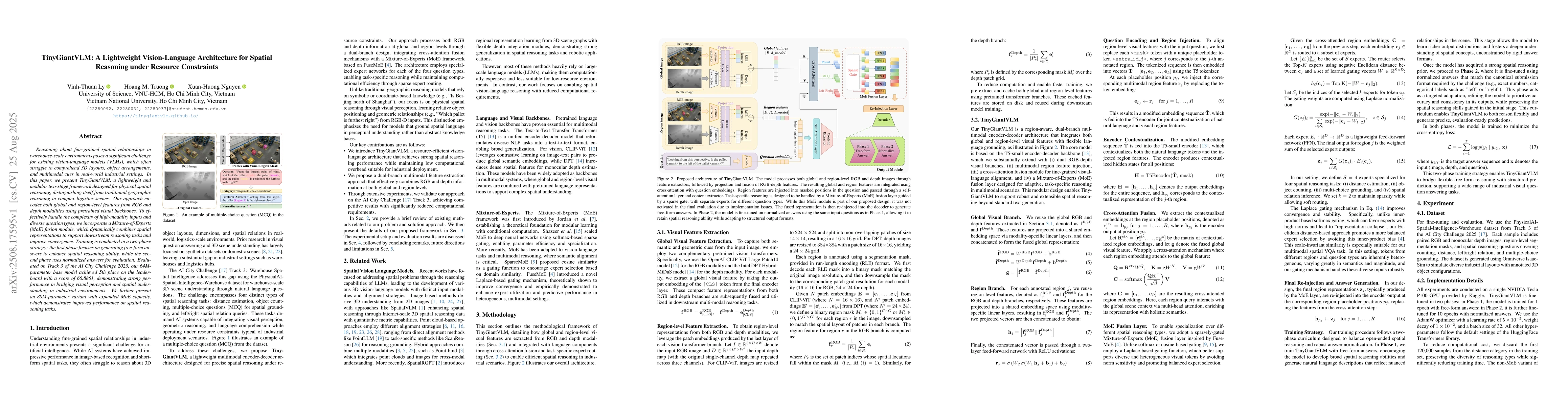 Thumbnail for TinyGiantVLM: A Lightweight Vision-Language Architecture for Spatial
  Reasoning under Resource Constraints