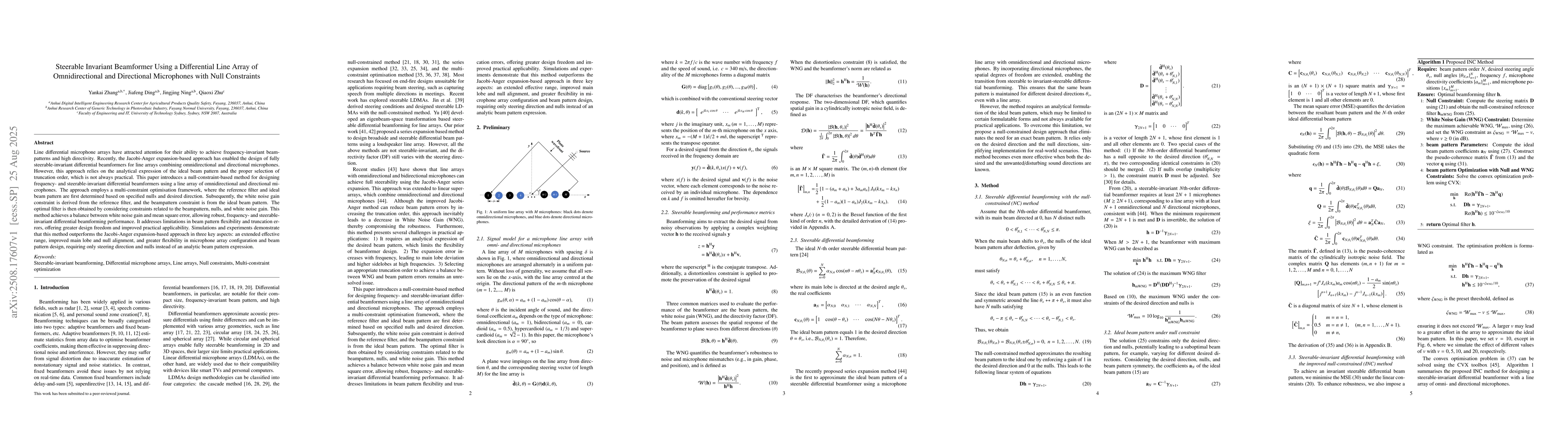 Thumbnail for Steerable Invariant Beamformer Using a Differential Line Array of
  Omnidirectional and Directional Microphones with Null Constraints