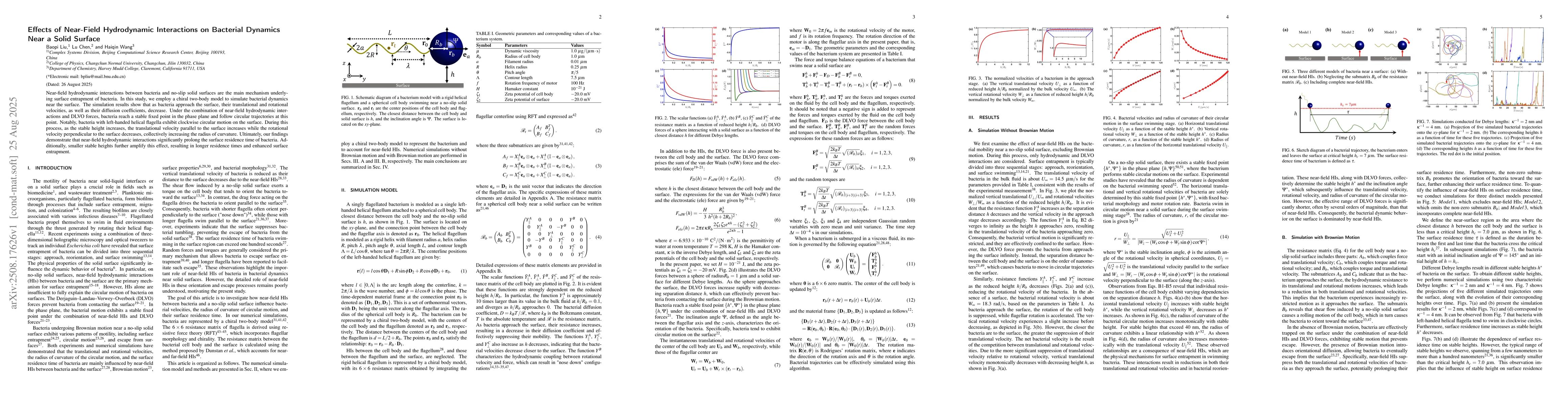Thumbnail for Effects of Near-Field Hydrodynamic Interactions on Bacterial Dynamics
  Near a Solid Surface
