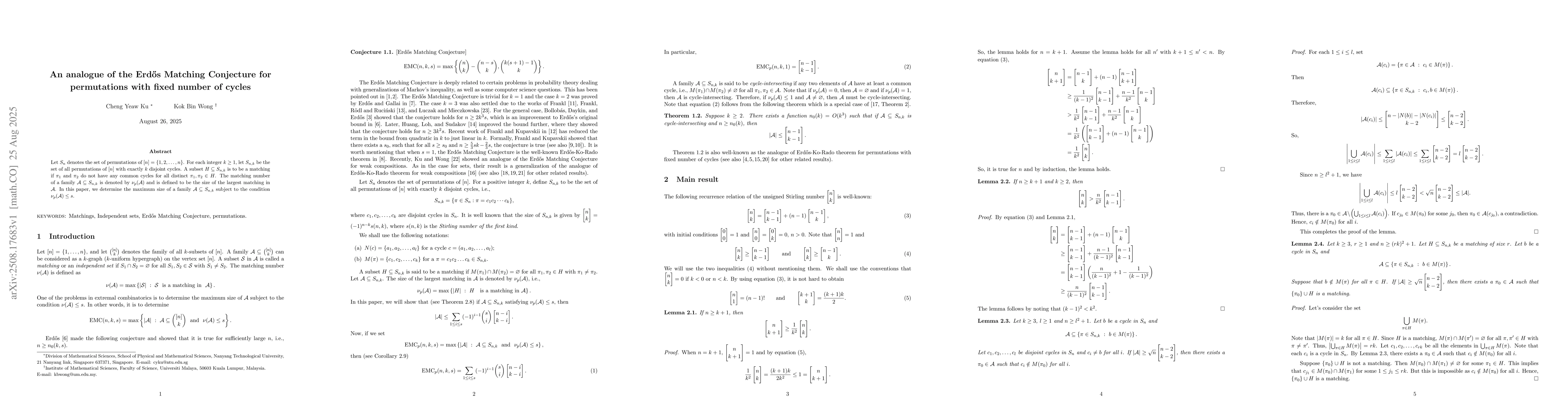 Thumbnail for An analogue of the Erd{\H o}s Matching Conjecture for permutations with
  fixed number of cycles