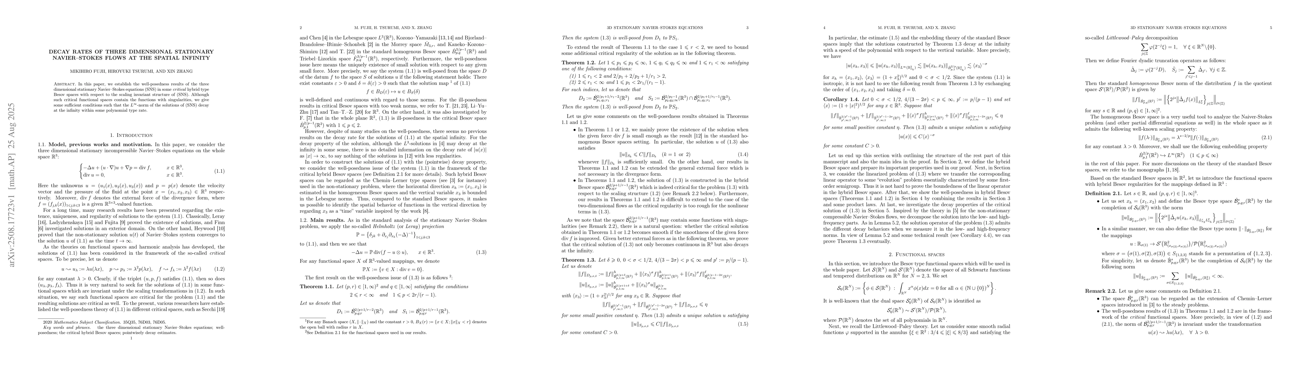 Thumbnail for Decay rates of three dimensional stationary Navier--Stokes flows at the
  spatial infinity
