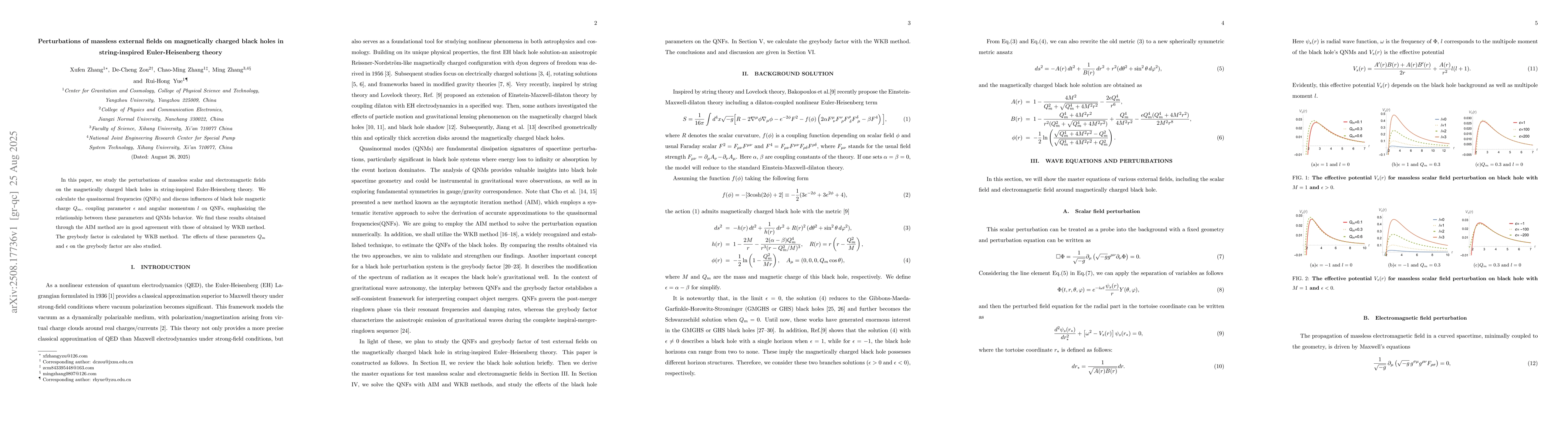 Thumbnail for Perturbations of massless external fields on magnetically charged black
  holes in string-inspired Euler-Heisenberg theory