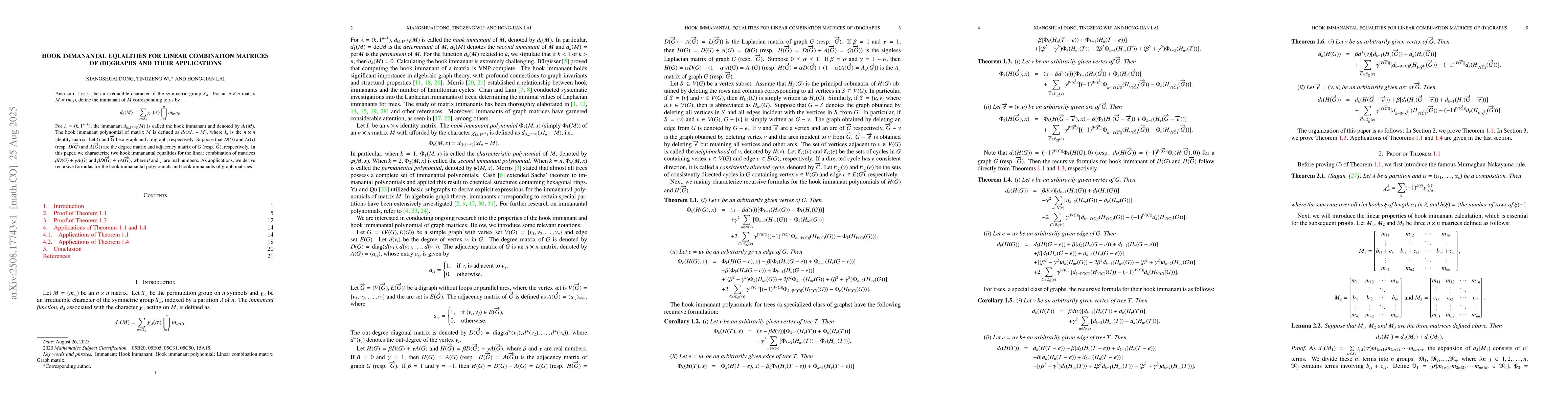Thumbnail for Hook immanantal equalities for linear combination matrices of (di)graphs
  and their applications