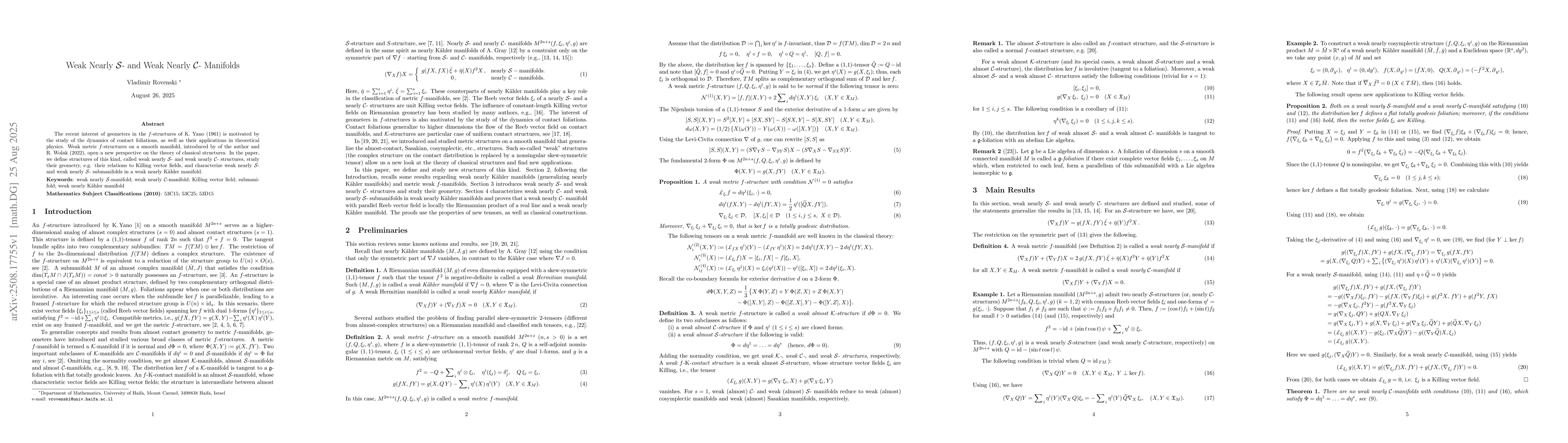 Thumbnail for Weak Nearly $\mathcal S$- and Weak Nearly $\mathcal C$- Manifolds