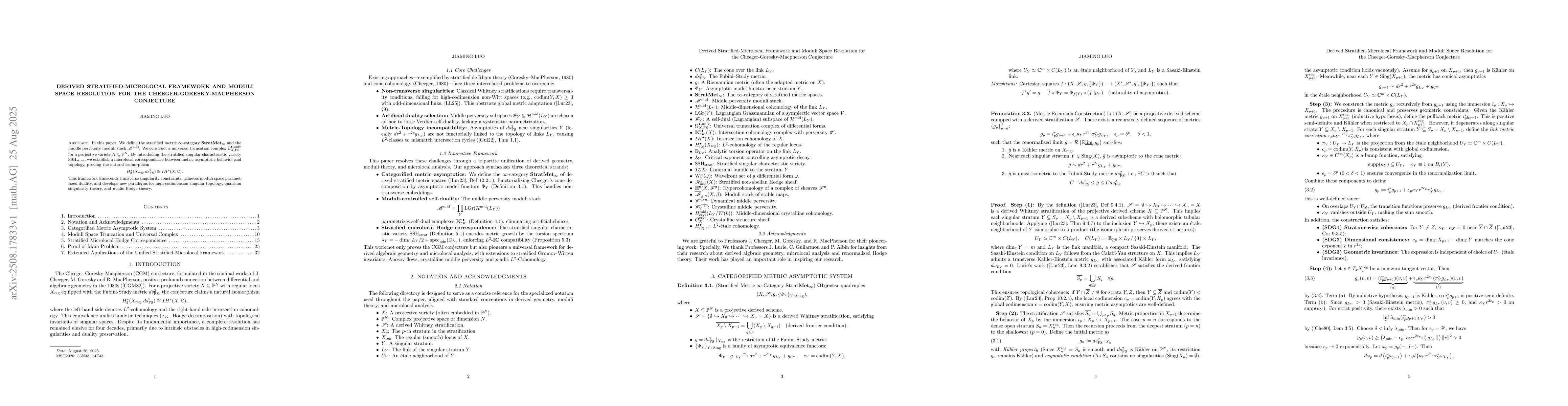 Thumbnail for Derived Stratified-Microlocal Framework and Moduli Space Resolution for
  the Cheeger-Goresky-Macpherson Conjecture