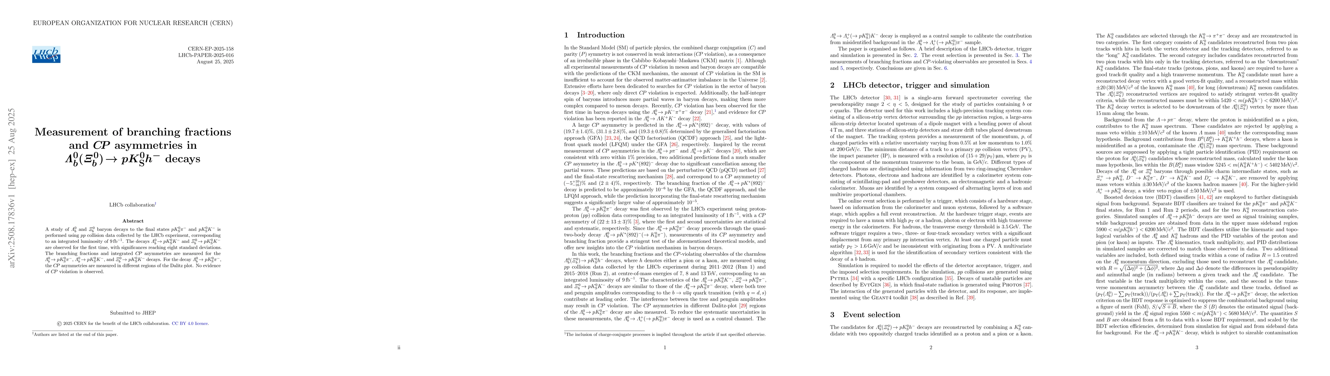 Thumbnail for Measurement of branching fractions and $CP$ asymmetries in
  $\mathitΛ_b^0(\mathitΞ_b^0)\!\to pK_{\mathrm S}^0h^-$ decays
