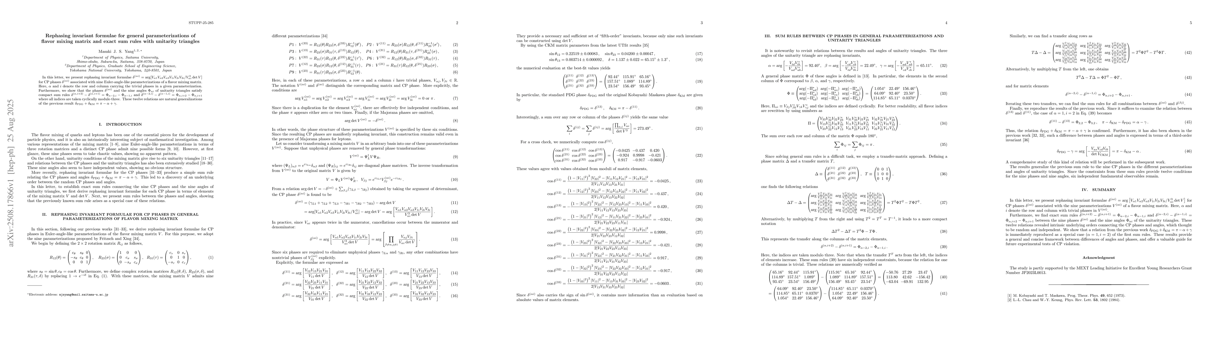 Thumbnail for Rephasing invariant formulae for general parameterizations of flavor
  mixing matrix and exact sum rules with unitarity triangles