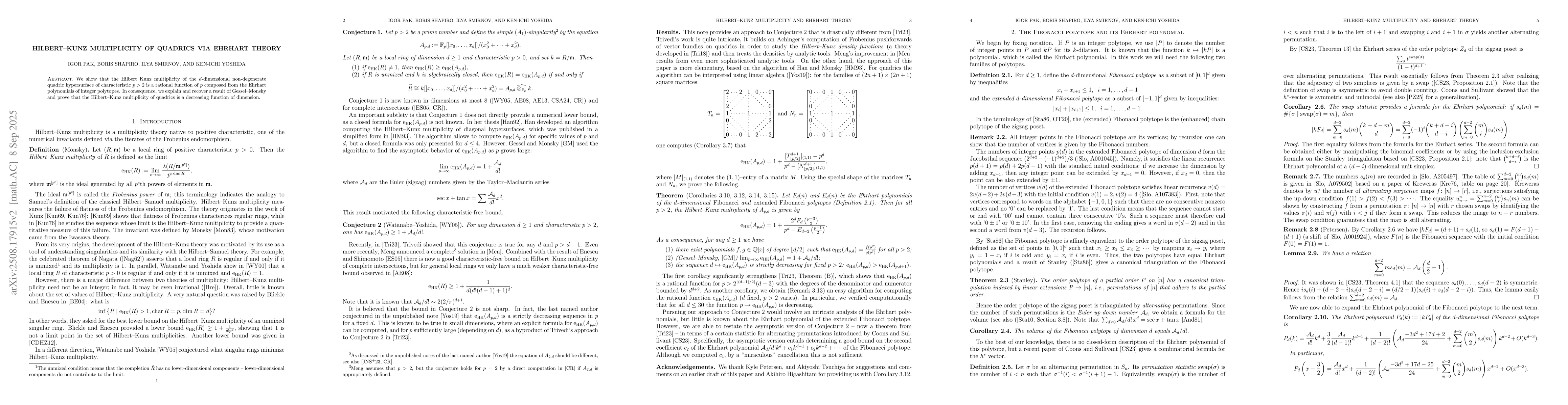 Thumbnail for Hilbert-Kunz multiplicity of quadrics via Ehrhart theory