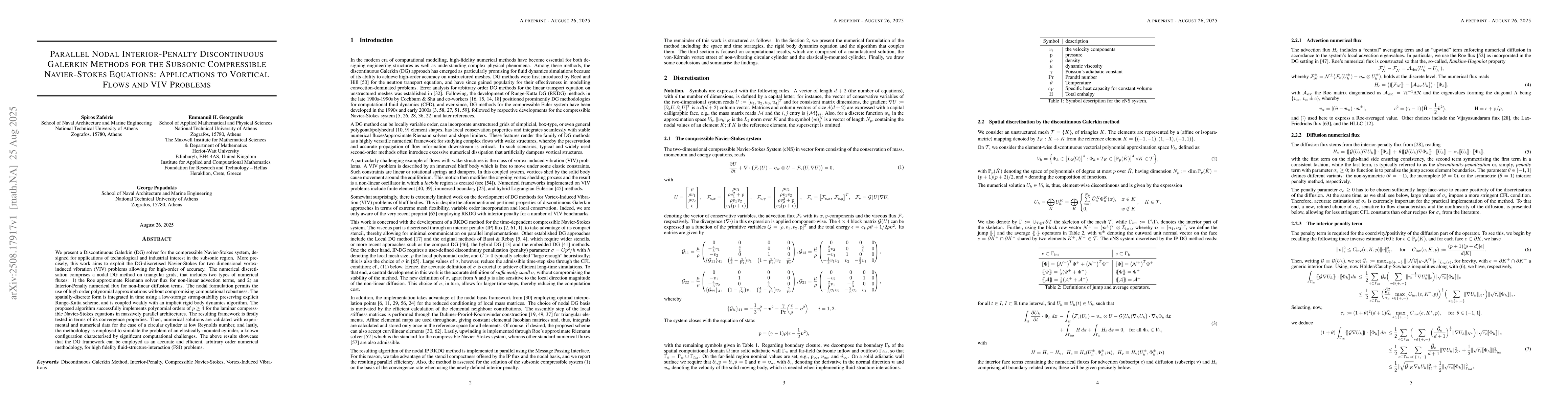 Thumbnail for Parallel Nodal Interior-Penalty Discontinuous Galerkin Methods for the
  Subsonic Compressible Navier-Stokes Equations: Applications to Vortical Flows
  and VIV Problems