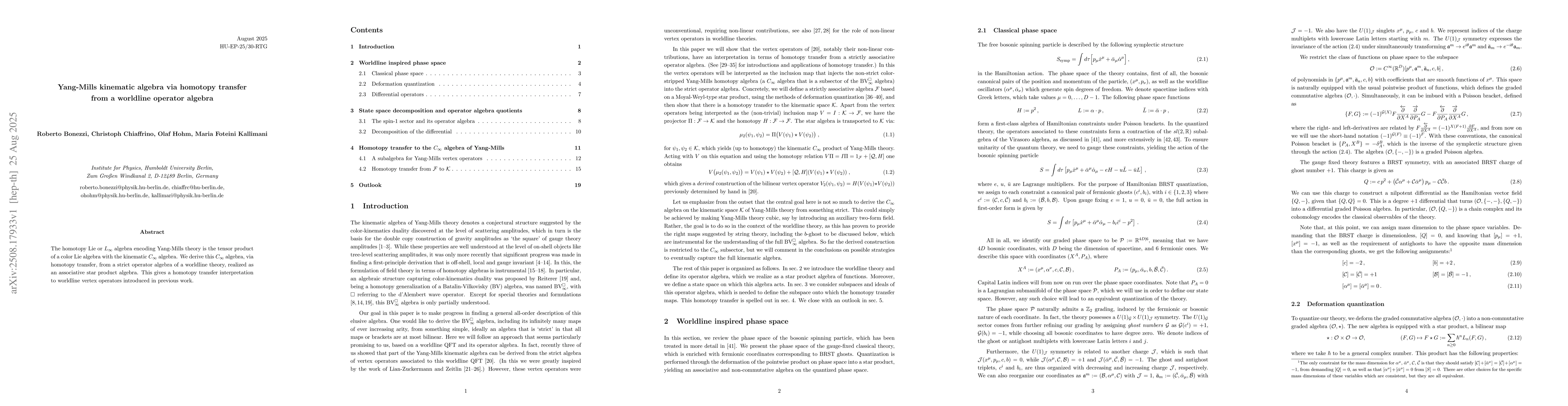 Thumbnail for Yang-Mills kinematic algebra via homotopy transfer from a worldline
  operator algebra