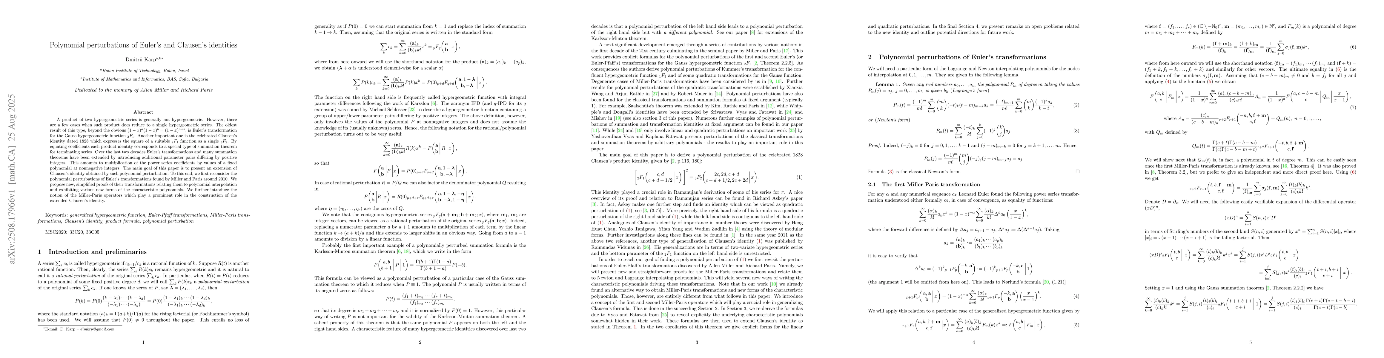 Thumbnail for Polynomial perturbations of Euler's and Clausen's identities