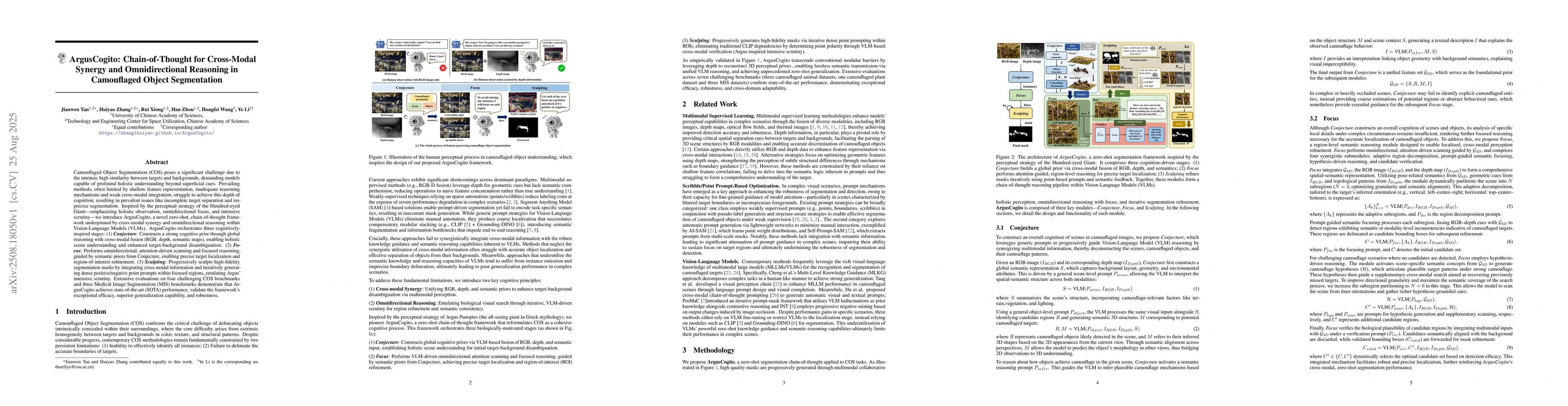 Thumbnail for ArgusCogito: Chain-of-Thought for Cross-Modal Synergy and
  Omnidirectional Reasoning in Camouflaged Object Segmentation