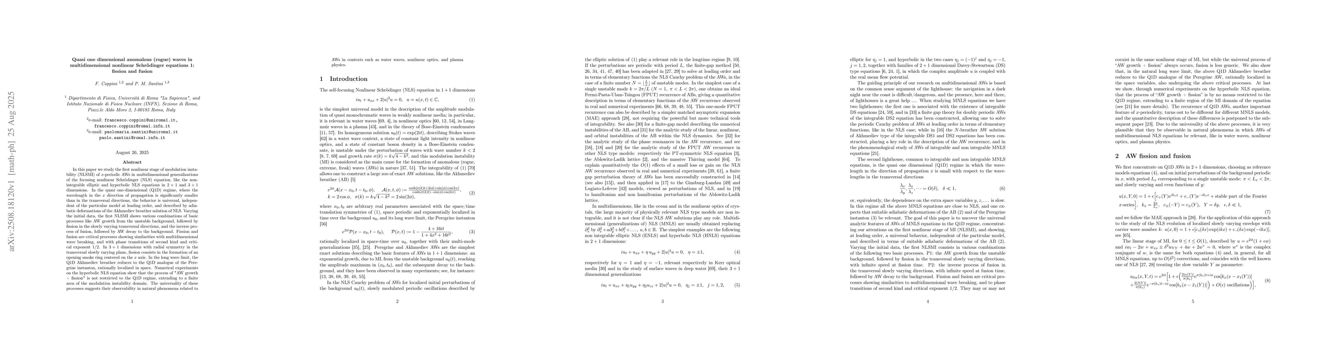 Thumbnail for Quasi one dimensional anomalous (rogue) waves in multidimensional
  nonlinear Schrödinger equations 1: fission and fusion
