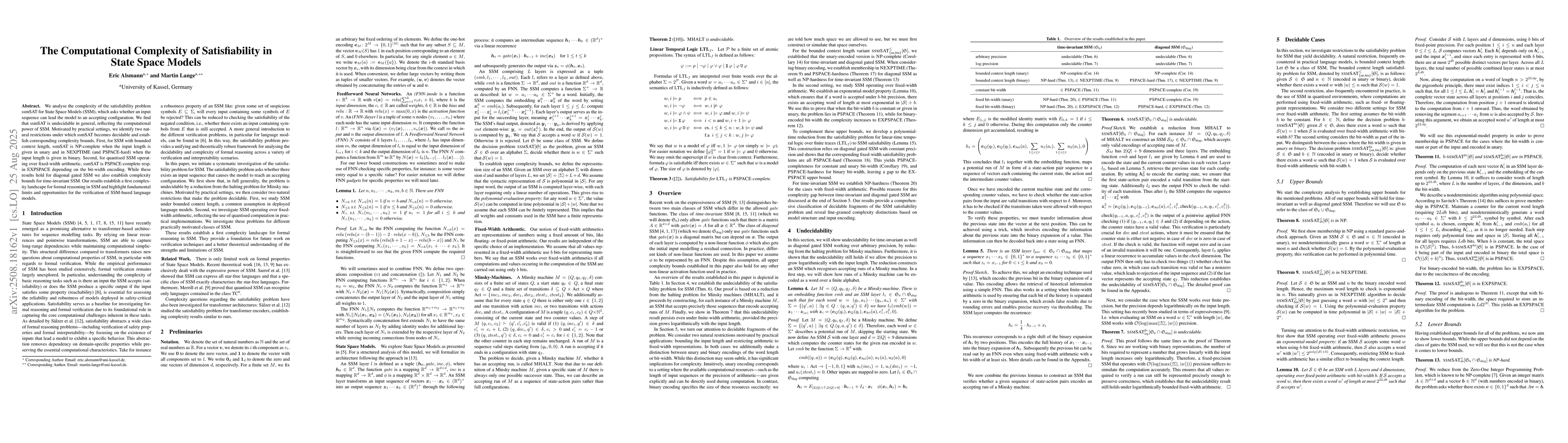 Thumbnail for The Computational Complexity of Satisfiability in State Space Models