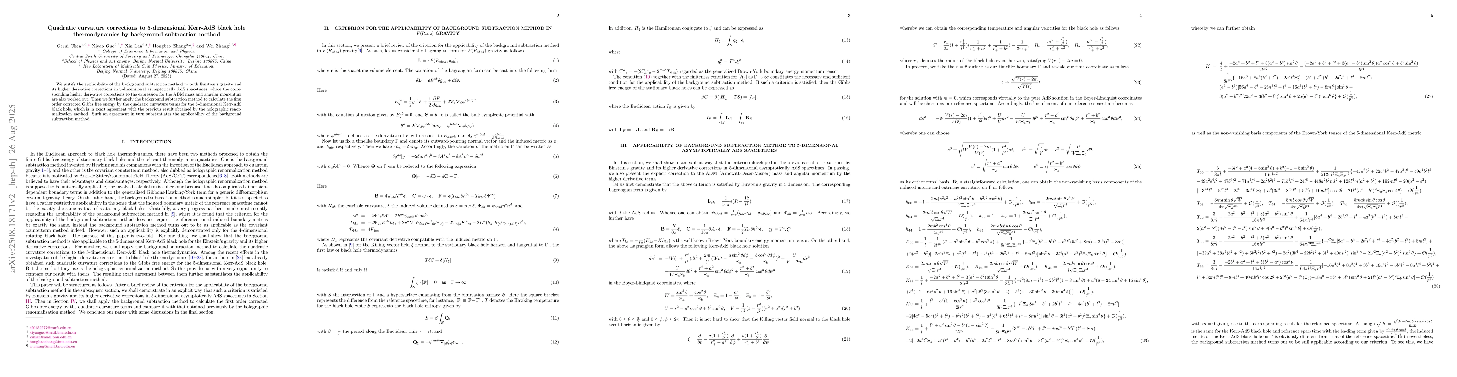 Thumbnail for Quadratic curvature corrections to 5-dimensional Kerr-AdS black hole
  thermodynamics by background subtraction method