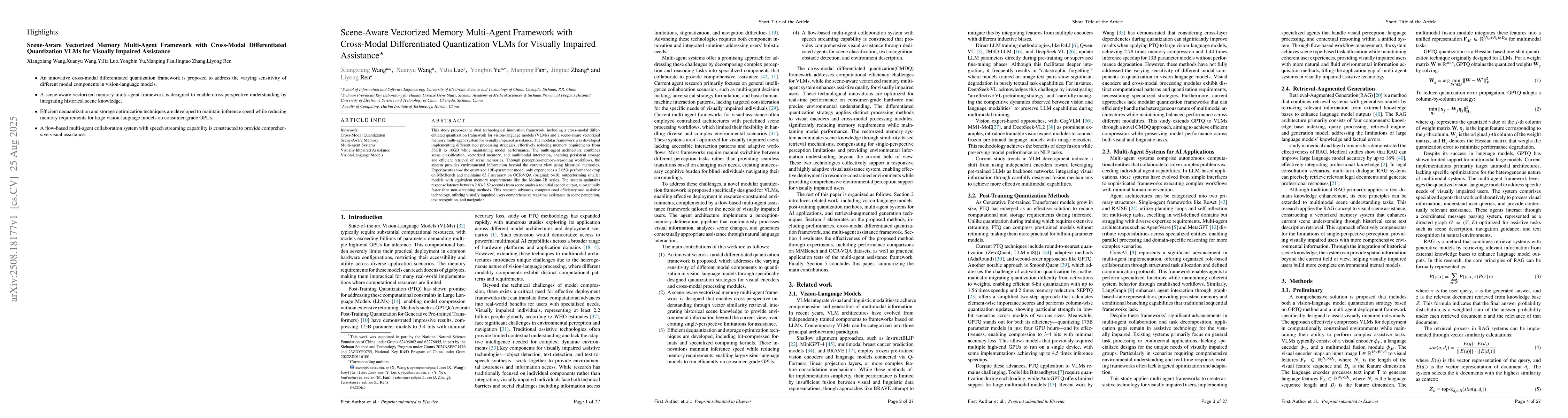 Thumbnail for Scene-Aware Vectorized Memory Multi-Agent Framework with Cross-Modal
  Differentiated Quantization VLMs for Visually Impaired Assistance