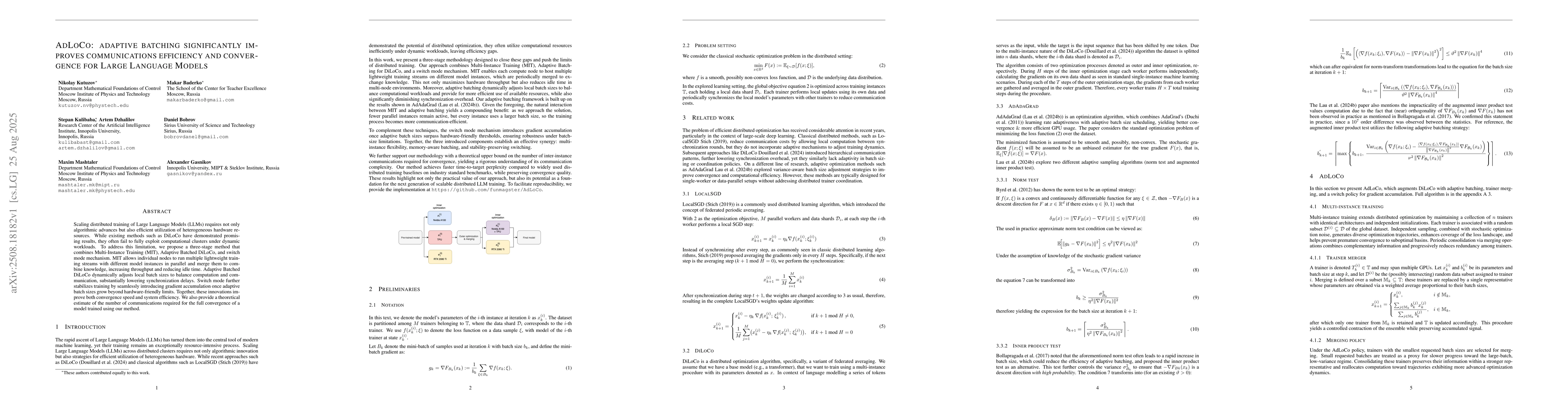 Thumbnail for AdLoCo: adaptive batching significantly improves communications
  efficiency and convergence for Large Language Models