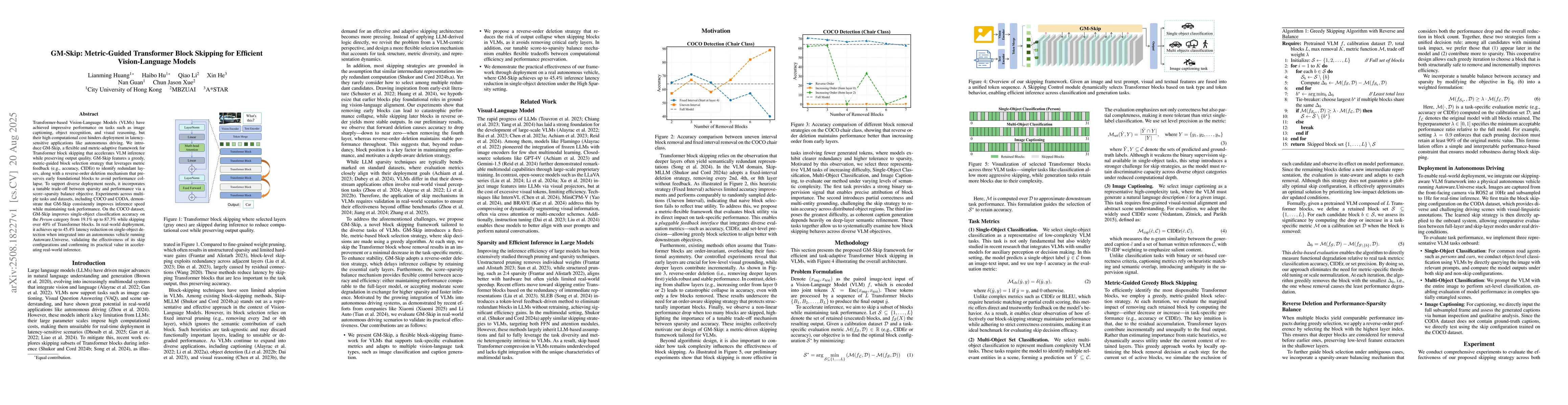Thumbnail for GM-Skip: Metric-Guided Transformer Block Skipping for Efficient
  Vision-Language Models
