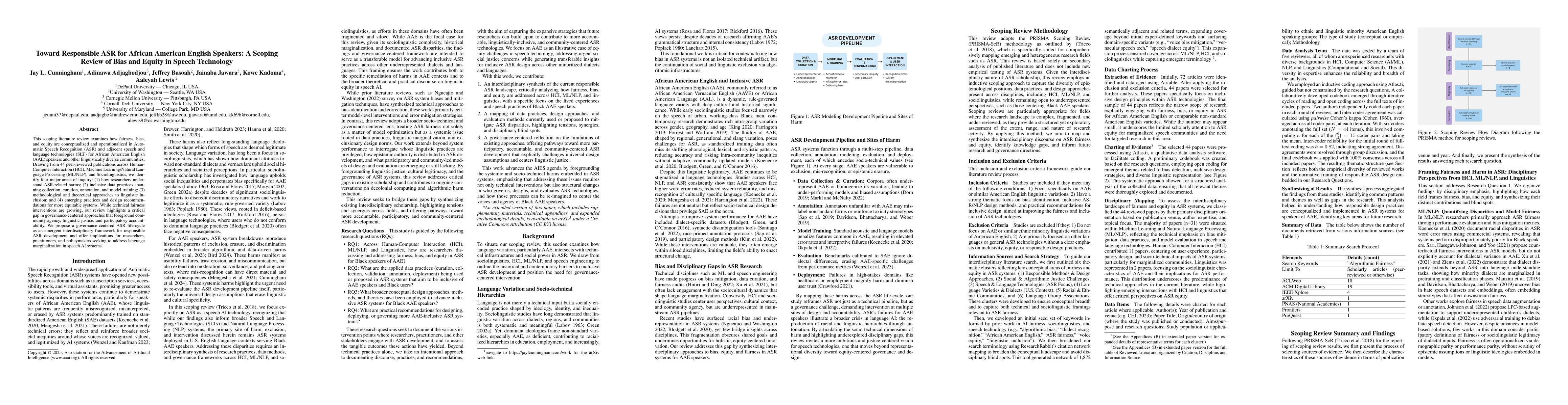 Thumbnail for Toward Responsible ASR for African American English Speakers: A Scoping
  Review of Bias and Equity in Speech Technology