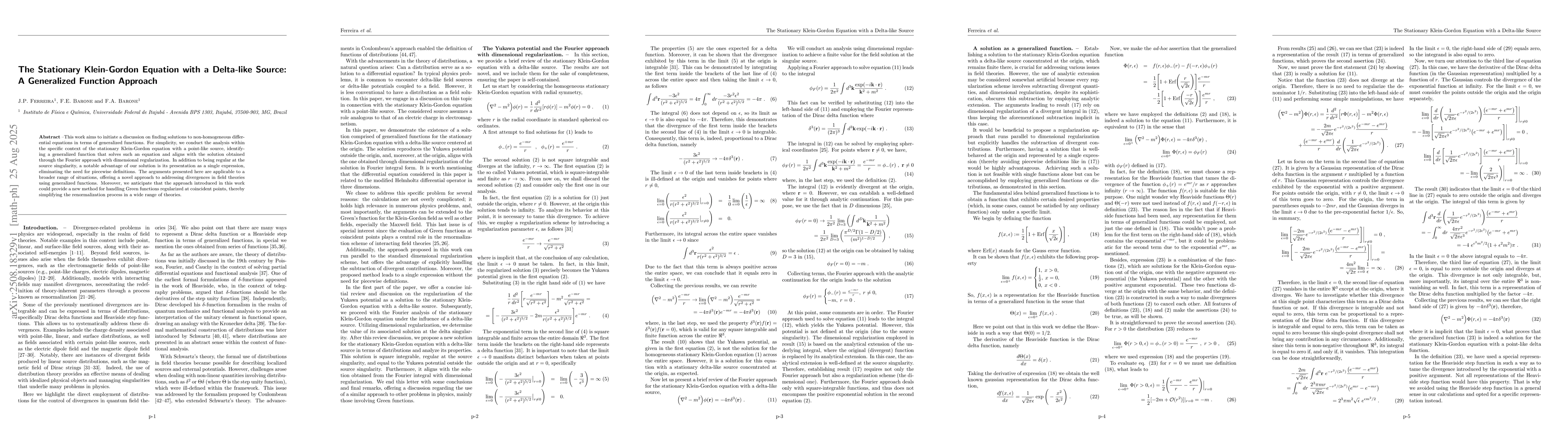 Thumbnail for The Stationary Klein-Gordon Equation with a Delta-like Source: A
  Generalized Function Approach