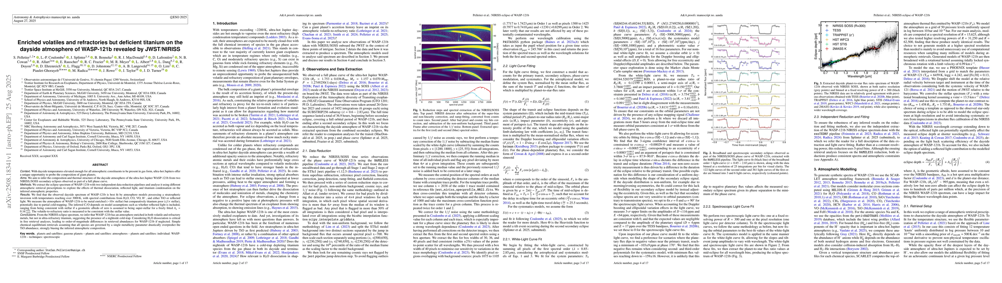 Thumbnail for Enriched volatiles and refractories but deficient titanium on the
  dayside atmosphere of WASP-121b revealed by JWST/NIRISS