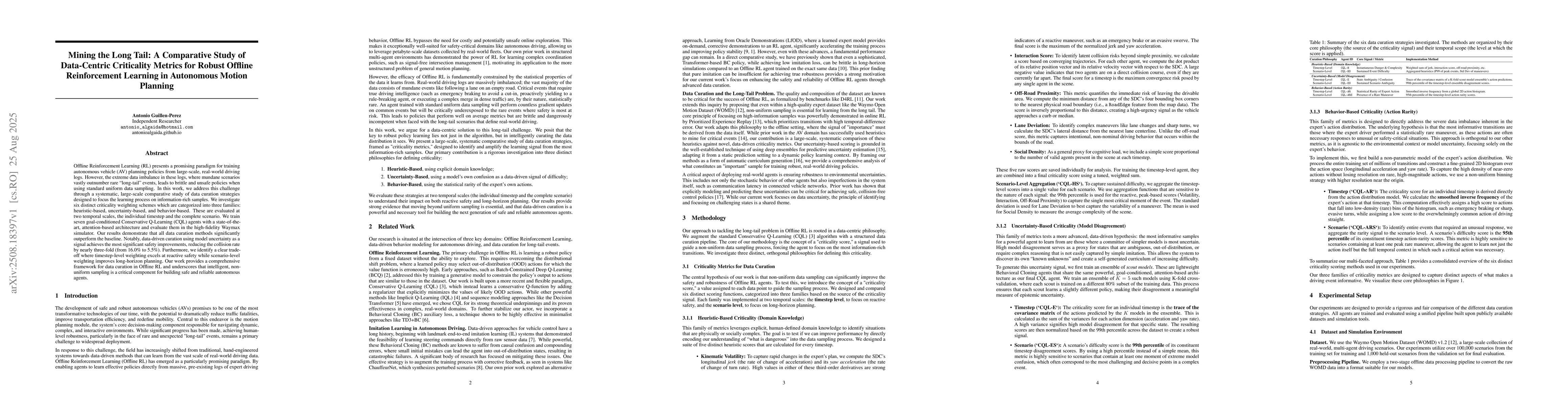 Thumbnail for Mining the Long Tail: A Comparative Study of Data-Centric Criticality
  Metrics for Robust Offline Reinforcement Learning in Autonomous Motion
  Planning