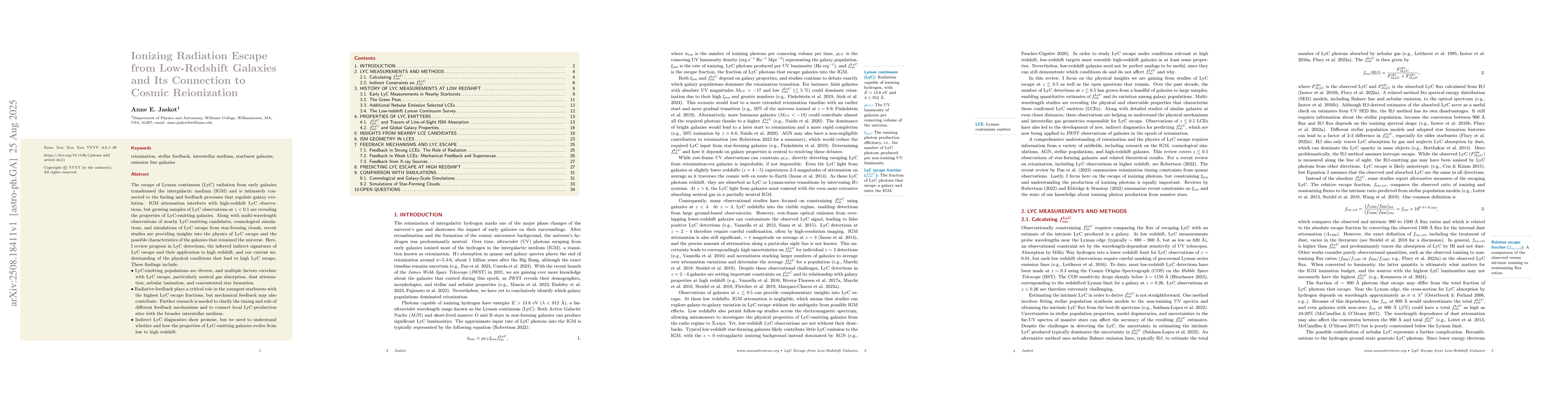 Thumbnail for Ionizing Radiation Escape from Low-Redshift Galaxies and Its Connection
  to Cosmic Reionization
