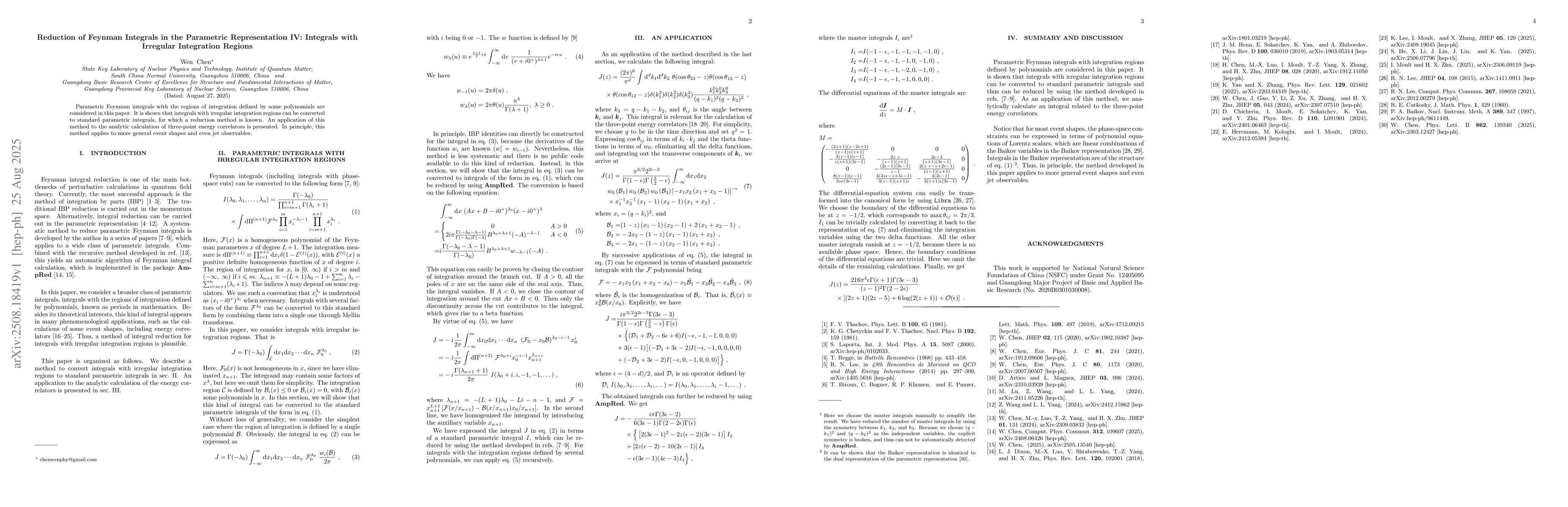 Thumbnail for Reduction of Feynman Integrals in the Parametric Representation IV:
  Integrals with Irregular Integration Regions