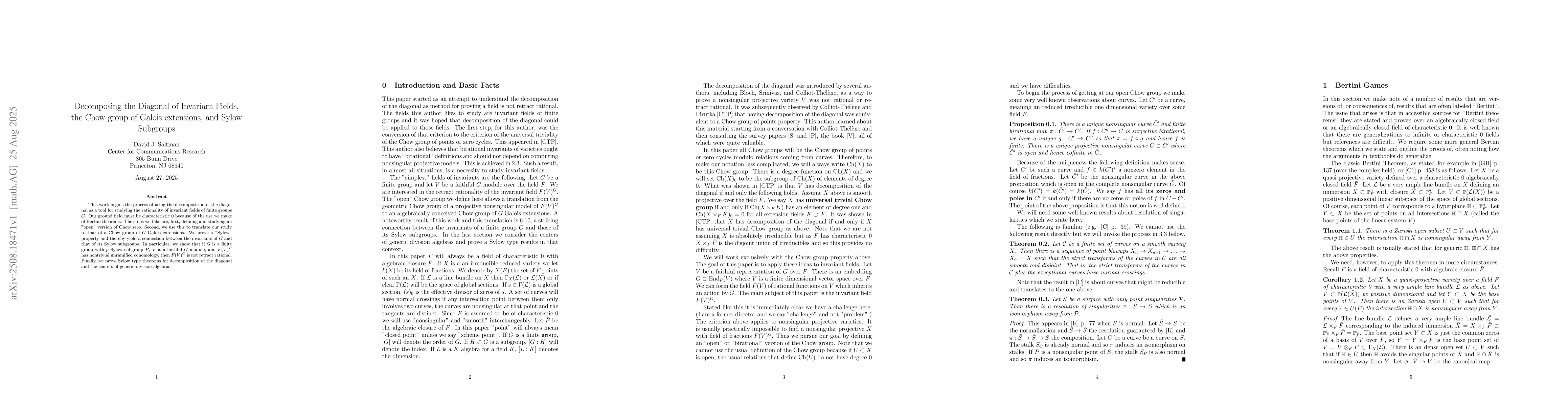 Thumbnail for Decomposing the Diagonals of Invariant Fields
