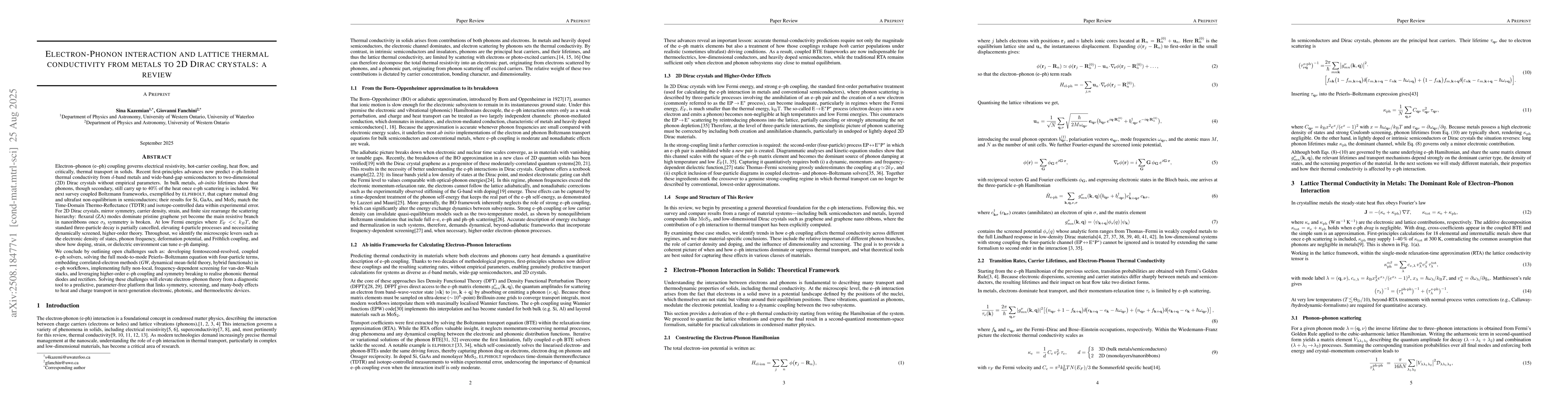 Thumbnail for Electron-Phonon interaction and lattice thermal conductivity from metals
  to 2D Dirac crystals: a review